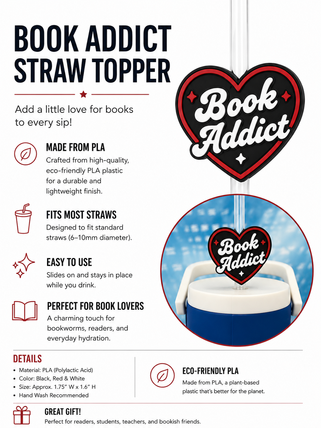 Book Addict  Straw Topper 3D Printed