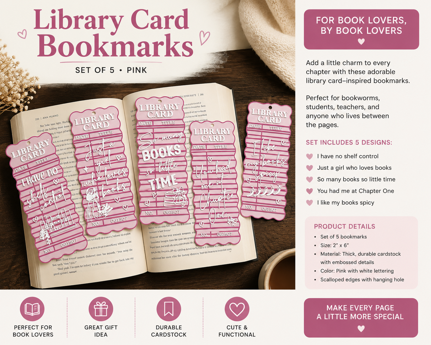 Library Card Bookmarks Set of 5