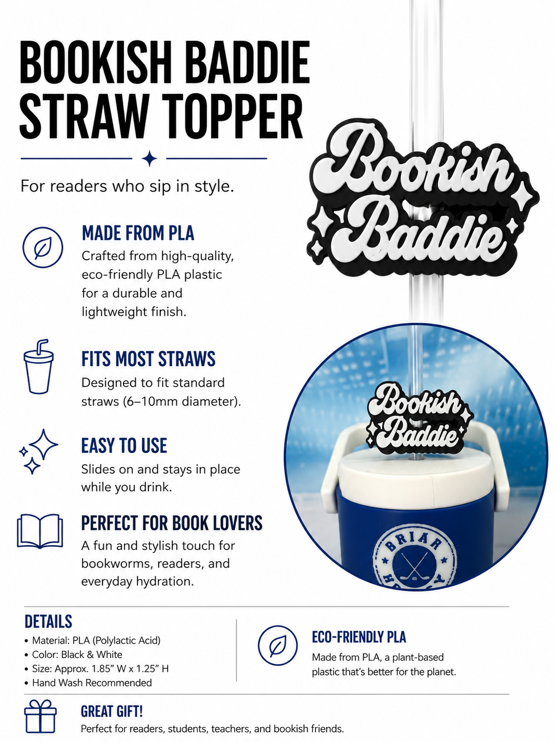 Bookish Baddie   Straw Topper 3D Printed