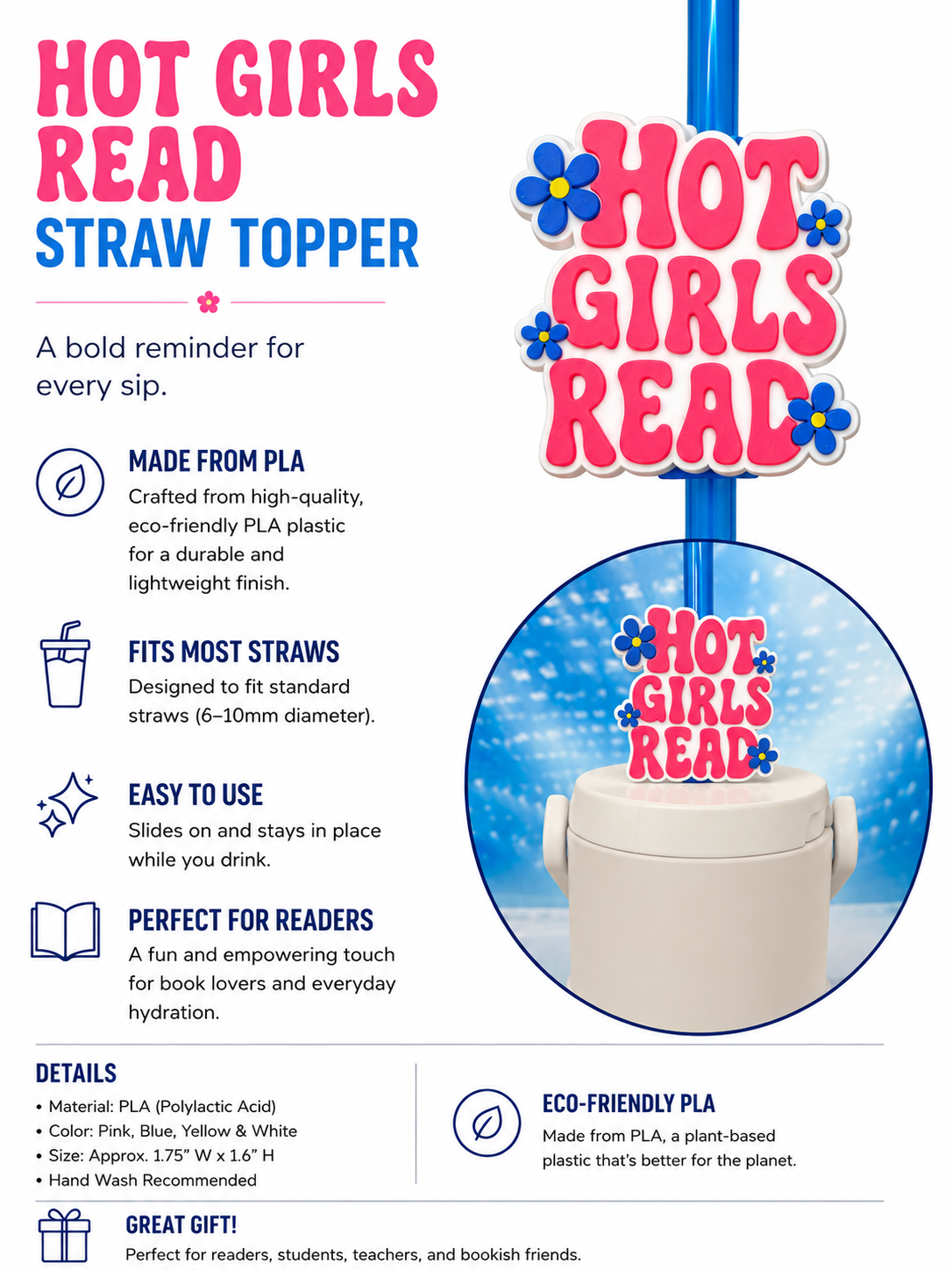 Hot Girls Read Straw Topper 3D Printed